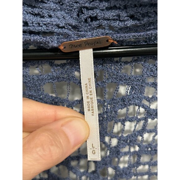 Free People Blue Open Knit Sweater With Cowl Neck Long Sleeves Sz L Boho Beachy - Picture 5 of 9